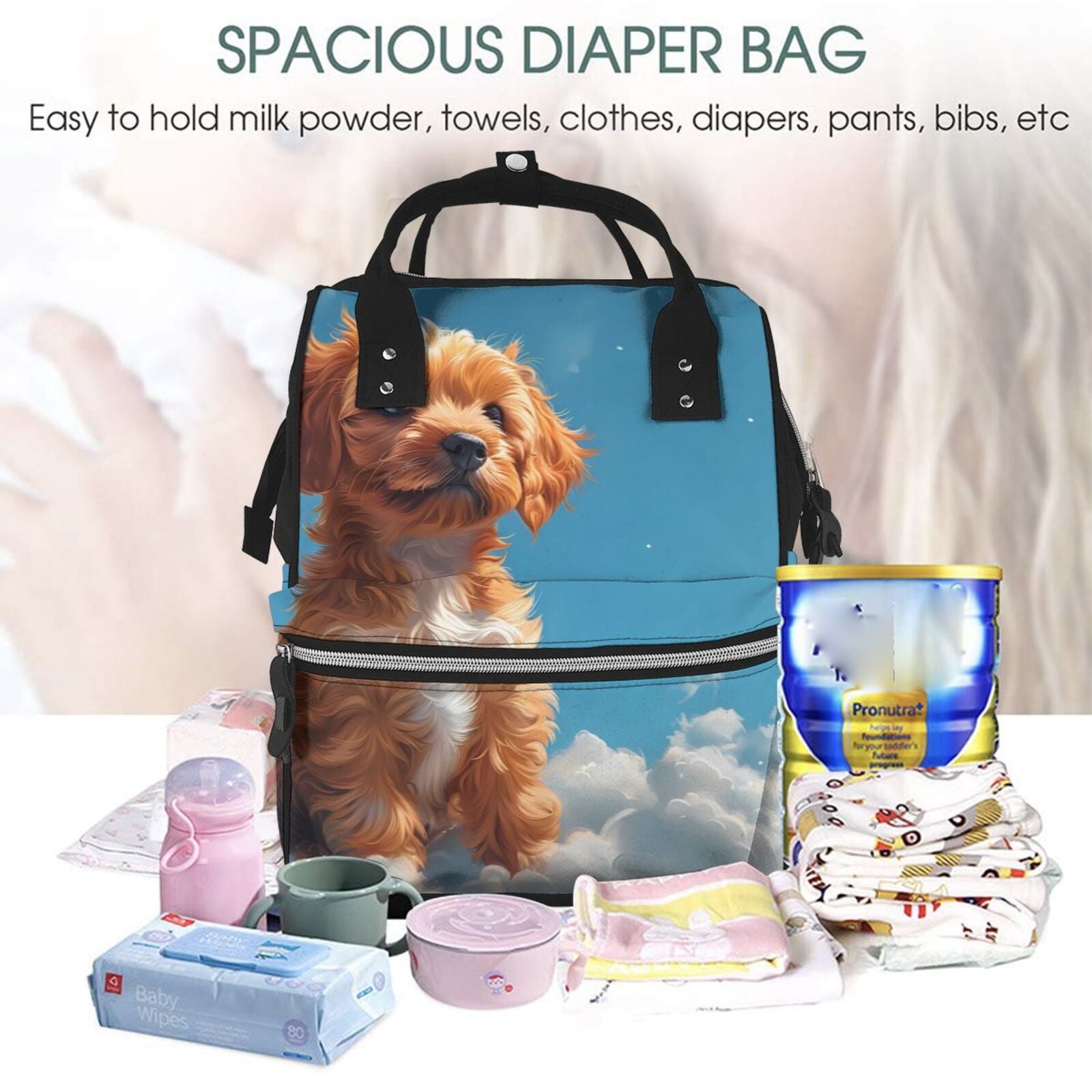 Fuzoiu Blue Sky Cloud Puppy Print Diaper Bag Backpack,Baby Essentials Travel Tote,Multi function Waterproof Diaper Bag, Travel Essentials Baby Bag - Unisex