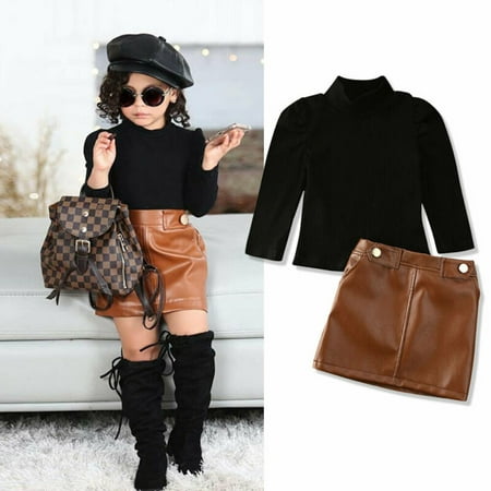 

Qtinghua 2PCS Toddler Baby Girls Outfits Long Sleeve Knit Sweater Knitwear Turtleneck Tops PU Leather Mini Skirt Clothes Black 12-18 Months
