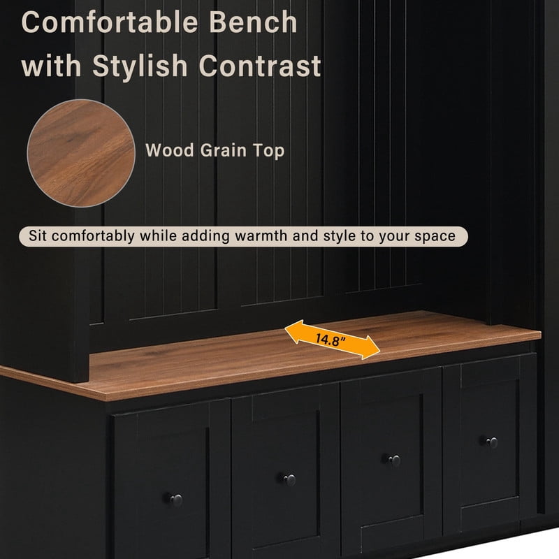 Farmhouse 5-in-1 Hall Tree with Pull-out Side Cabinet, Entryway Bench with 4 Drawers, Modern Coat Rack with Cabinets and Hooks for Mudroom