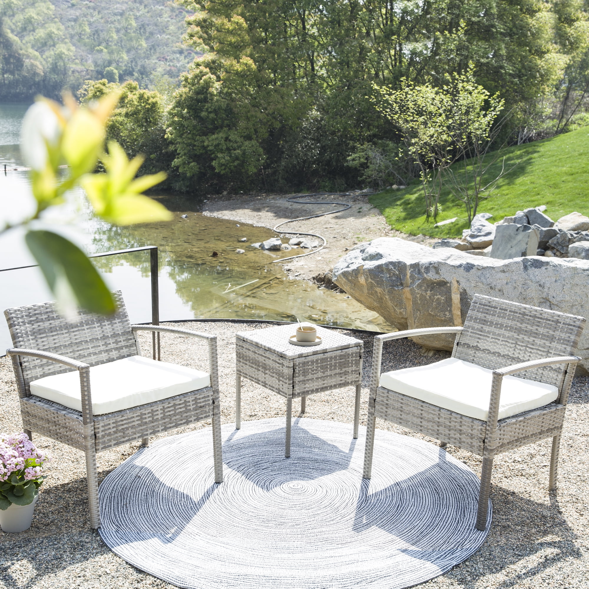 FHFO 3 Pieces Wicker Bistro Set, Outdoor Rattan Patio Conversation Set