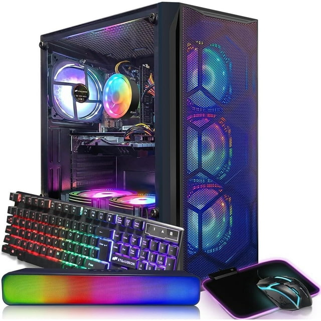 STGAubron PC de Bureau Gaming, Radeon RX 580 8G GDDR5, Intel Core I7 jusqu'à 3.9 GHz, 16G, 512G SSD, WiFi, BT 5.0, RGB Fanx6, Clavier & Souris & Tapis de Souris RGB, Barre de Son BT RGB, W10H64