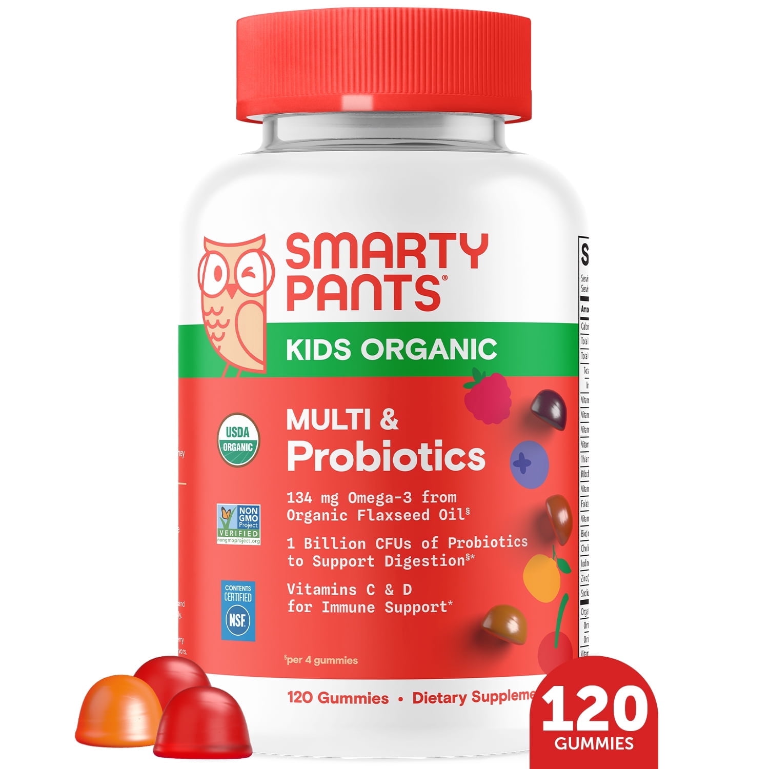SmartyPants Kids Organic Multivitamin & Probiotic Gummies with Vitamins D3, C & B12, 120 Ct