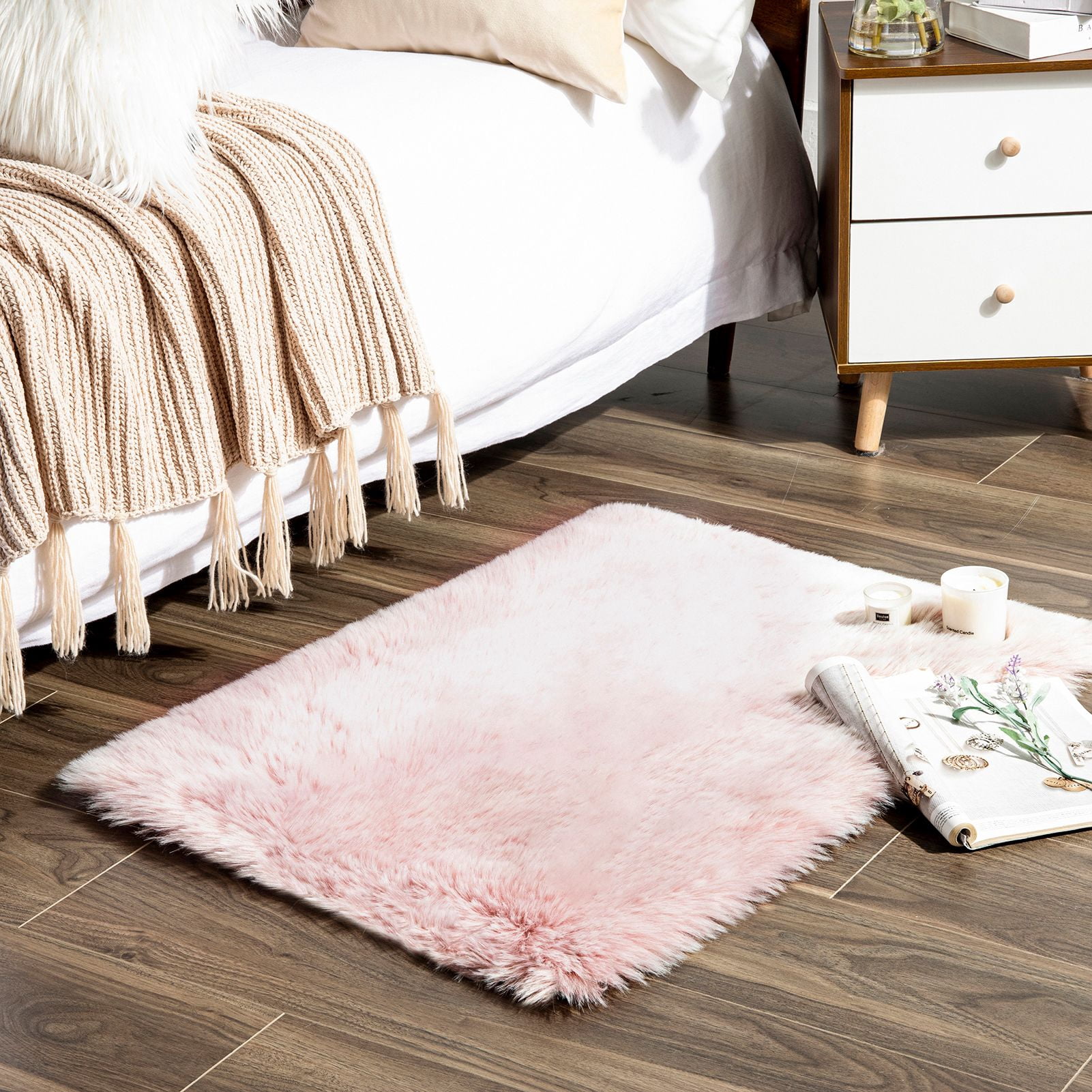 Phantoscope Ultra Soft Faux Fox Fur Pink, Indoor Area Rug, 2 x 3 ft, Rectangle