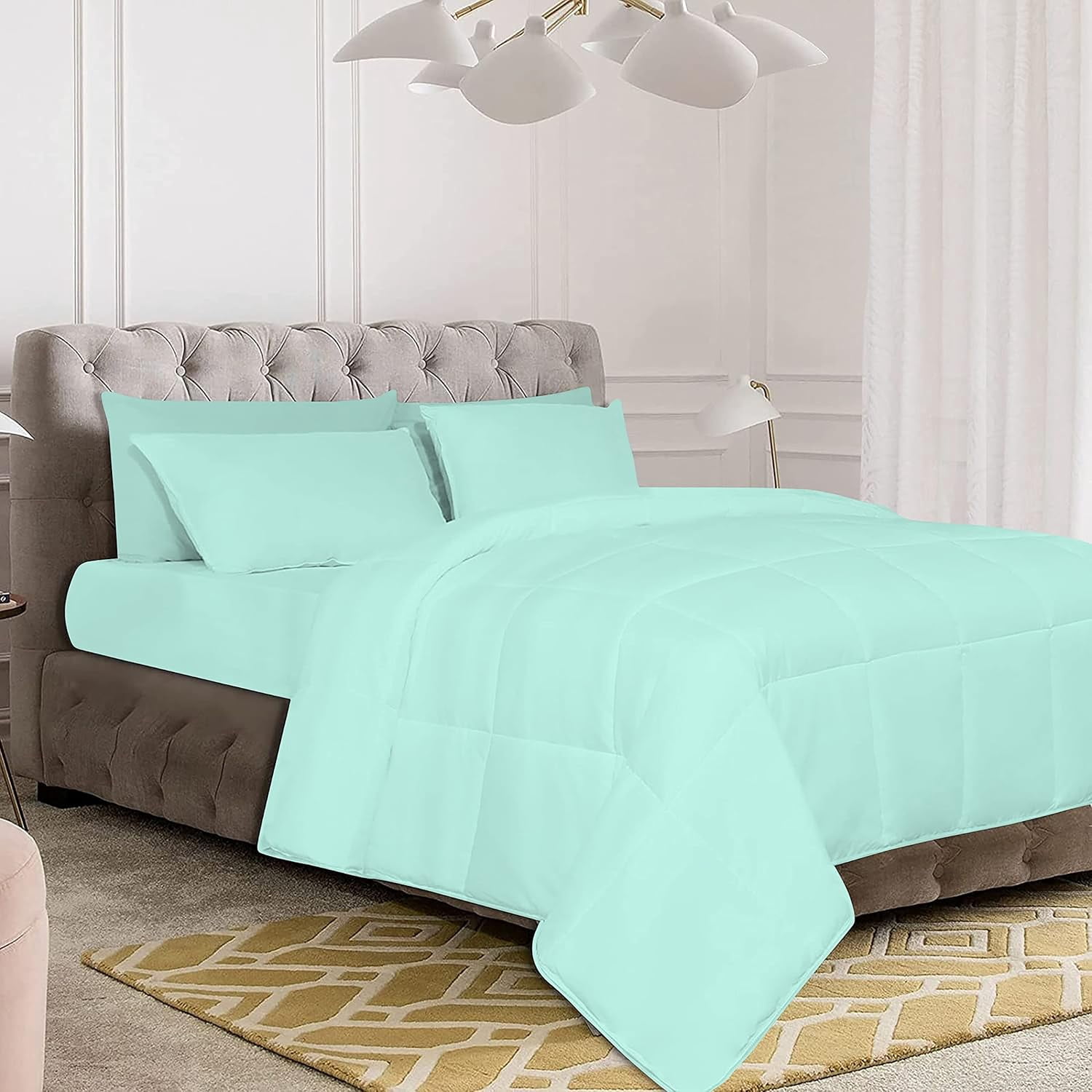 D.N.G. BEDDINGS Deluxe All Seasons King/Cal King Size 800 Thread Count, Solid Aqua Blue Down Alternative 5 Piece Box Design Comforter Set 100% Egyptian Cotton