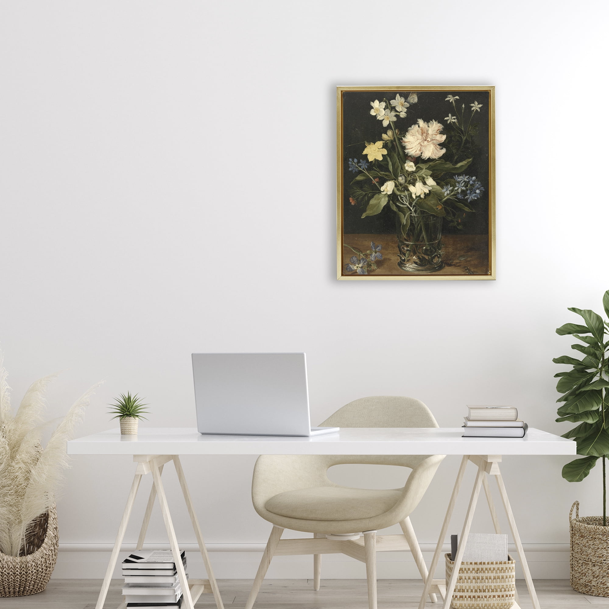 Stupell Industries Chrysanthemum & Flowers in Vase Gold Framed Floater Canvas Wall Art, design by Vintage Hustle