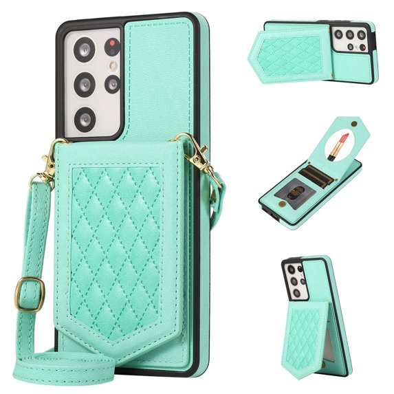 Case for Samsung Galaxy S21 Ultra 6.8" 5G 2021, Allytech Detachable Crossbody Strap Flip PU Leather Magnetic Button RFID Blocking Purse Wallet Stand Case for Samsung S21 Ultra 5G, Green