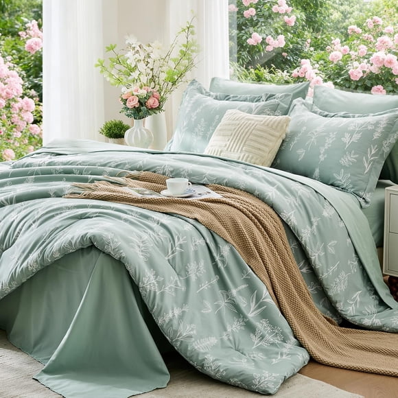 MUXHOMO Bed in a Bag Queen 7 Pieces, Sage Green Queen Comforter Set Reversible Botanical Flowers Design, Ultra Soft & Breathable Bedding Sets with Co
