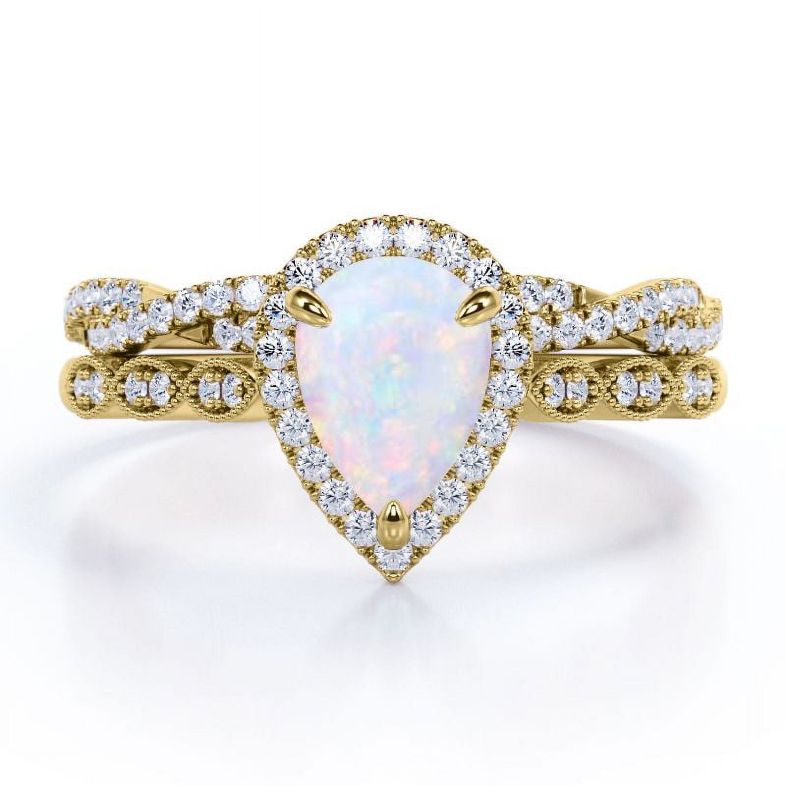 JeenMata Art Deco Filigree Milgrain - 1.5 Carat Almond Shaped Rainbow Opal and Moissanite - Halo Pave Crossover Wedding Set - 18K Yellow Gold Plating over Silver