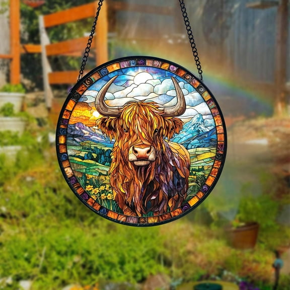 Highland Cow Stained Glass Window Hanging, Farm Animal Lover Gift, Rustic Home Decor, Farmhouse Ornament