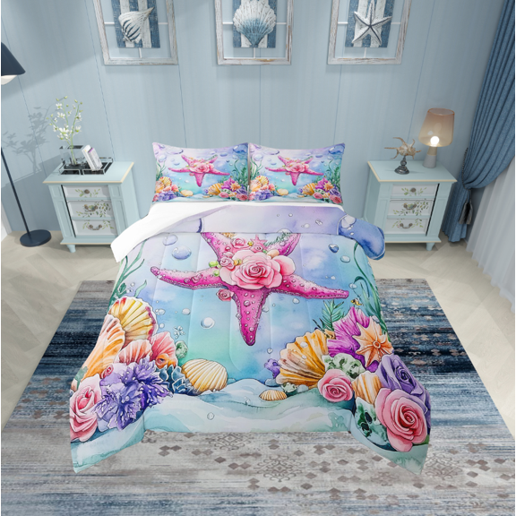 Erosebridal Teen Flower Starfish Bedding Twin Comforter Set,Cartoon Sealife Down Comforter,Marine Room Decorative,Lightweight,2-Piece