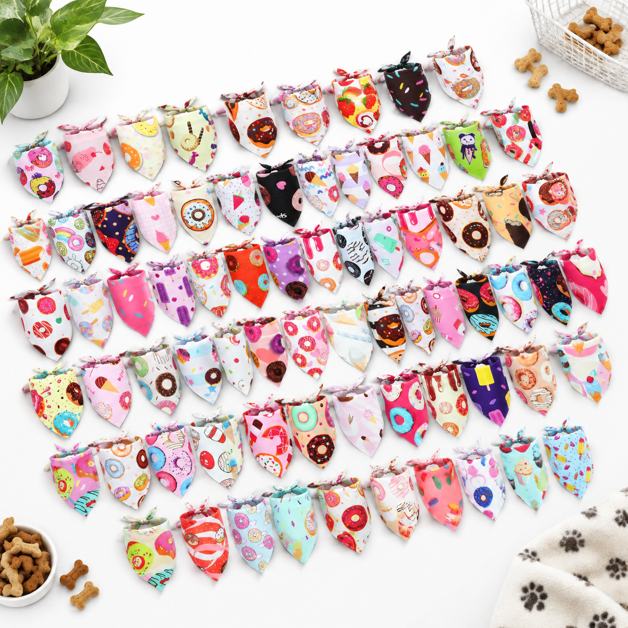 Large Donut 100-Pack Dog Bandanas Breathable Polyester Pet Scarves for Medium Dogs