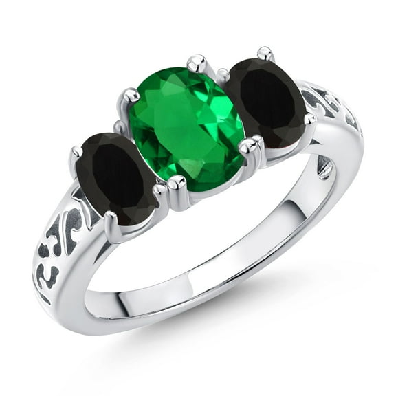 Gem Stone King 925 Sterling Silver Green Nano Emerald and Black Onyx Filigree Style 3-Stone Ring for Women (1.55 Cttw, Oval 8X6MM and 6X4MM, Size 7)