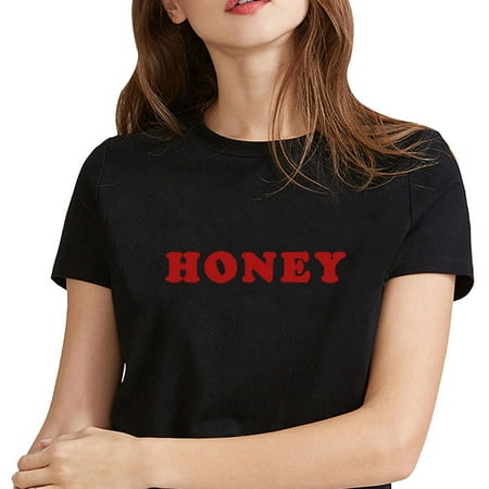Fancyleo Women Honey Letter Print Cute Short Sleeve T-Shirt Casual Blouse