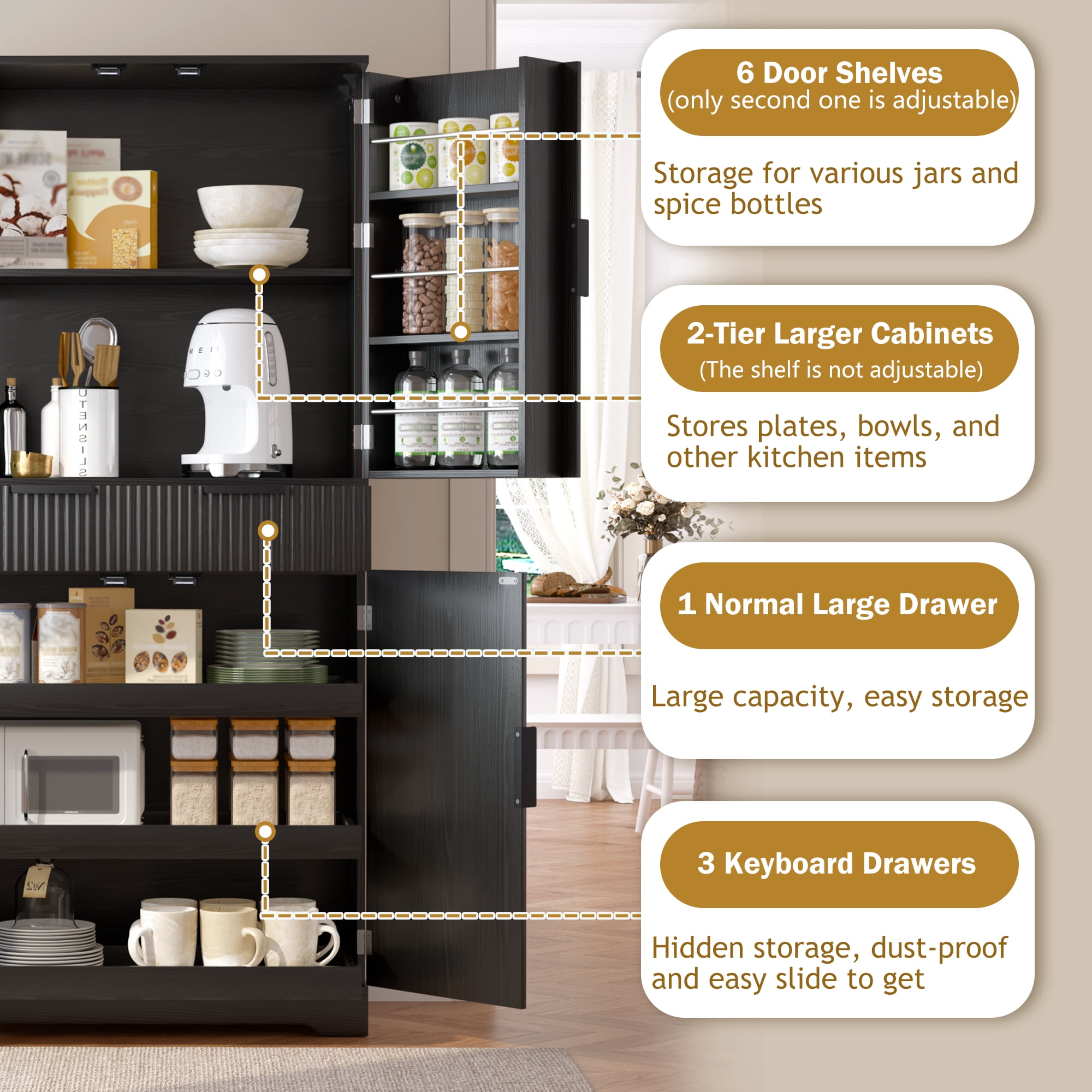 Mintazer 72" Fluted Freestanding Kitchen Pantry Storage Cabinet with 4 Door & Drawers, Large Storage Hutch with Spice Door Racks for Kitchen Dining Room Bathroom, Black