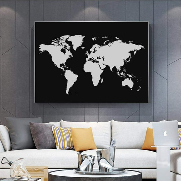 HSHDLDF Abstract Black and White World Map Paintings on Canvas Modern Map Poster and Print Wall Art Picture for Living Room|60x90cm No Frame