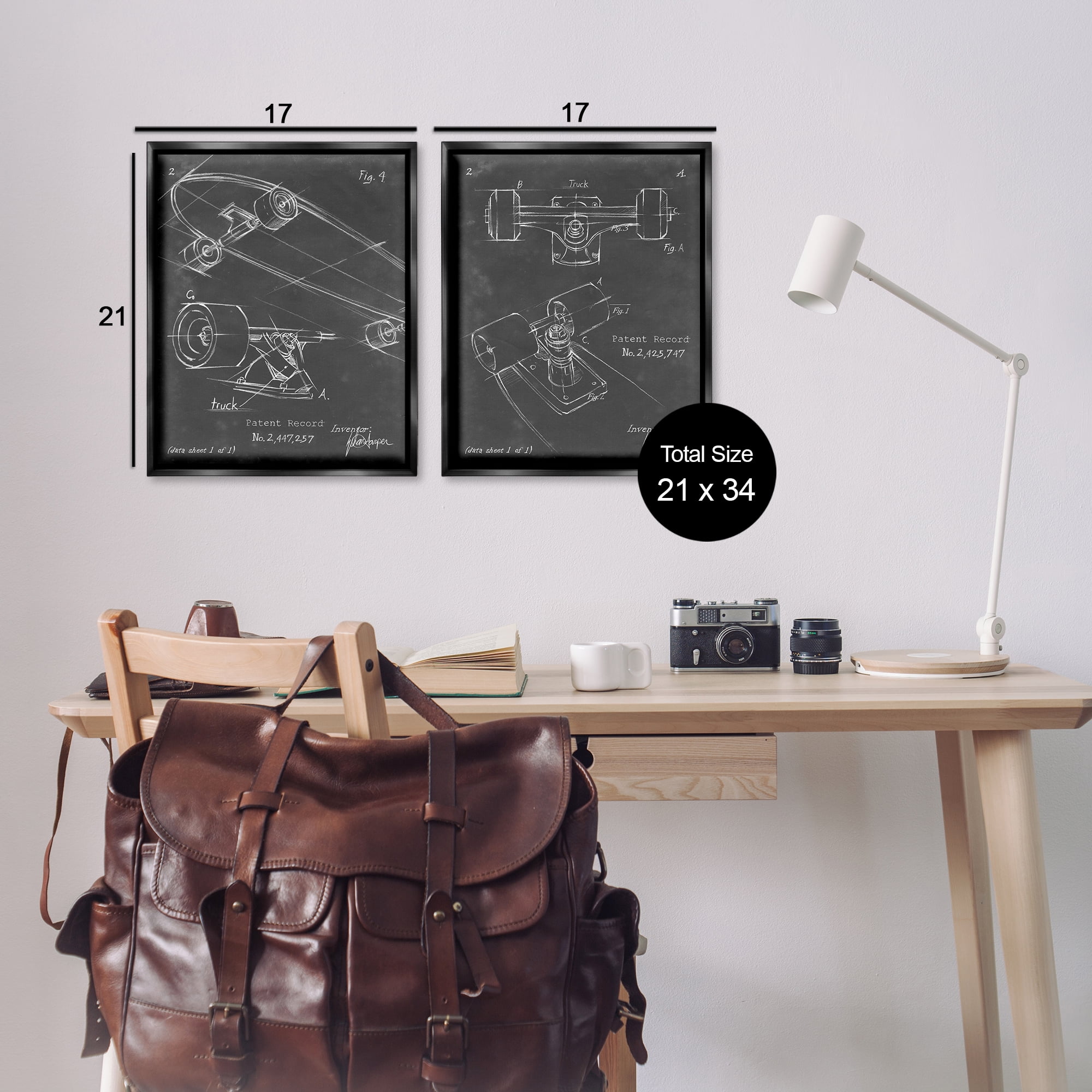 Stupell Industries Patent Diagram of Skateboard Sports Painting Black Floater Framed Canvas Art Print Wall Art, 17 x 21, Set of 2