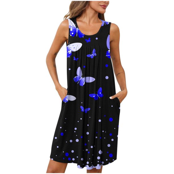 Camisón corto estampado con bolsillos para mujer, sin mangas, con pliegues, cuello redondo, de poliéster