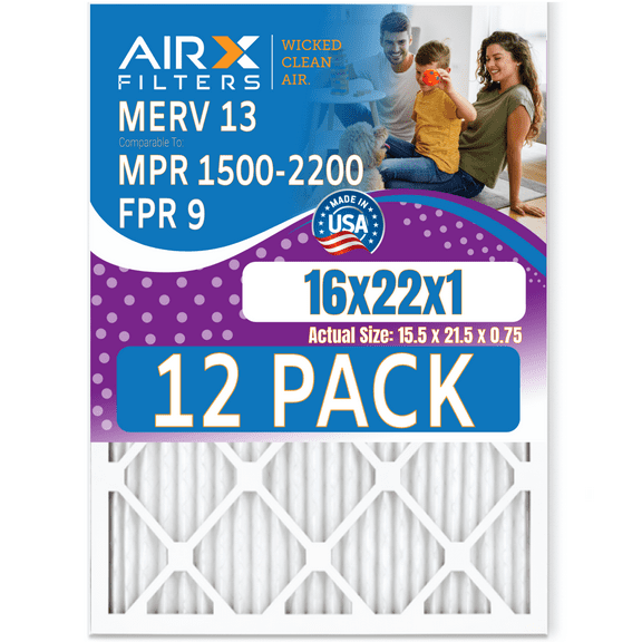 16x22x1 Air Filter MERV 13 Rating, 12 Pack of Furnace Filters Comparable to MPR 1500 - 2200 & FPR 9 - Made in USA by AIRX FILTERS WICKED CLEAN AIR.