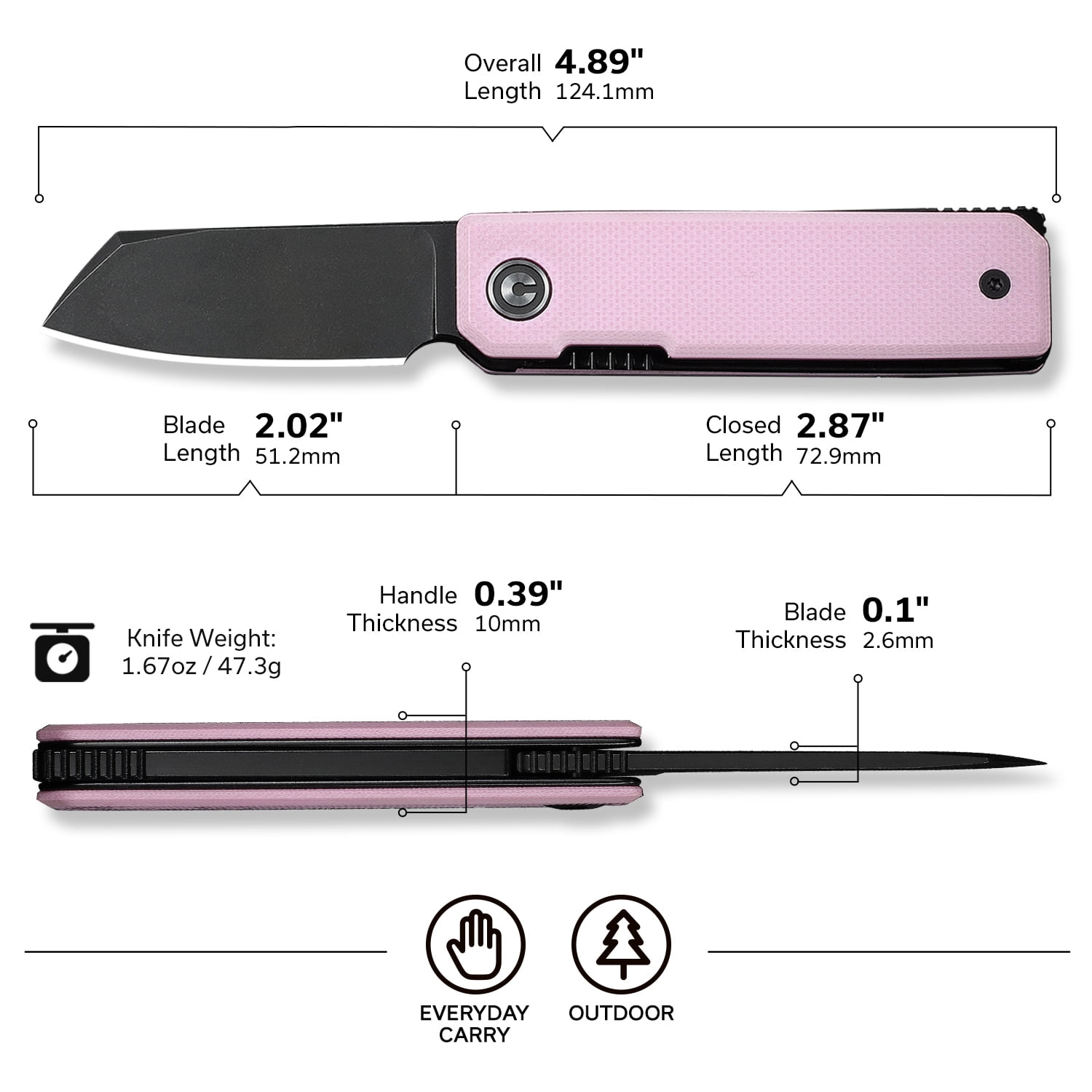 CIVIVI Kukei Small Pocket Knife Folding Knife with 2.02" Black Stonewashed Nitro-V Blade Powder Pink G10 Handle C25036-1, With 1PC Black Leather Sheath