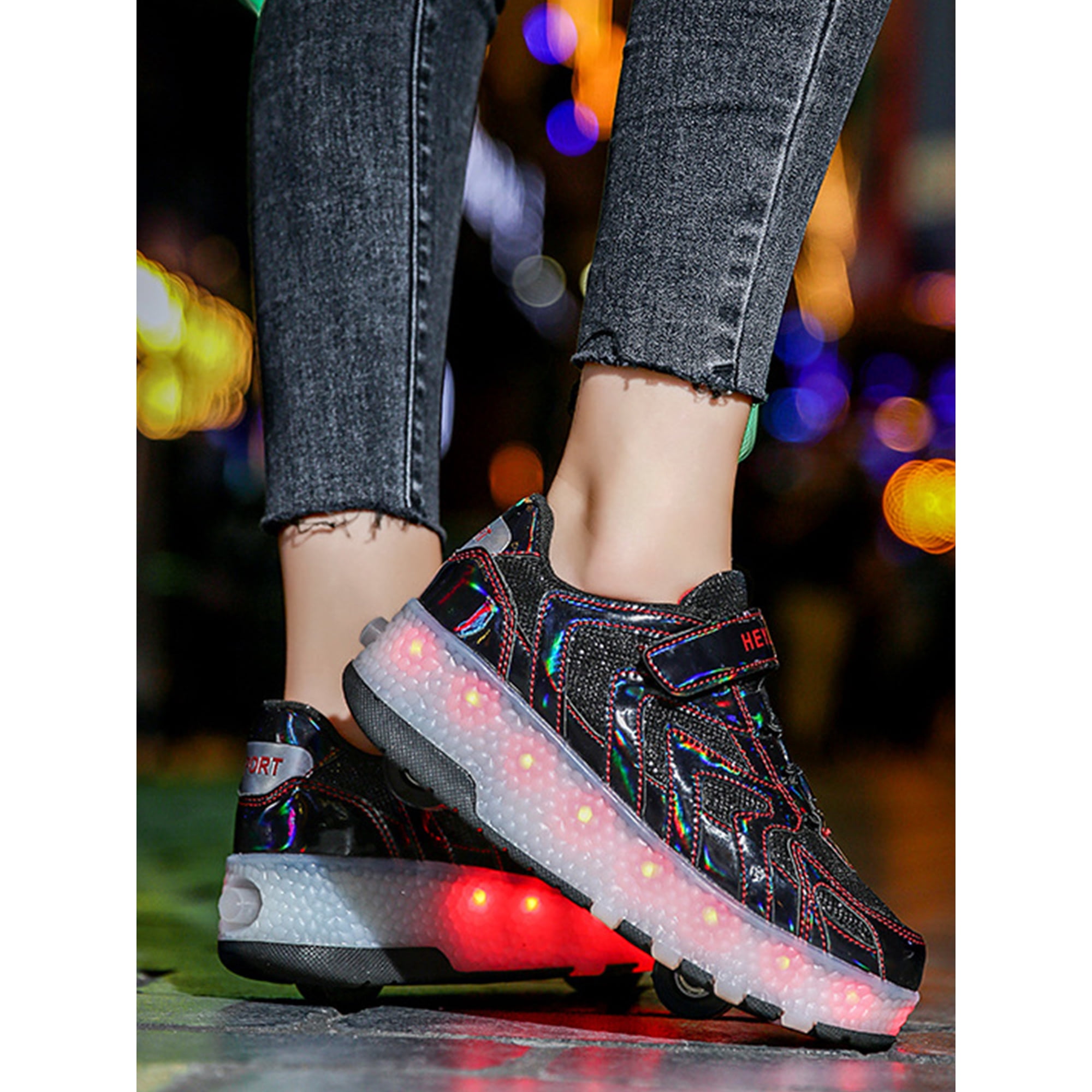 Ukap Children Trainers Led Light Sneakers Double Wheels Athletic Shoes Kids Skate Shoe Comfort Black 4.5y Black 4.5y