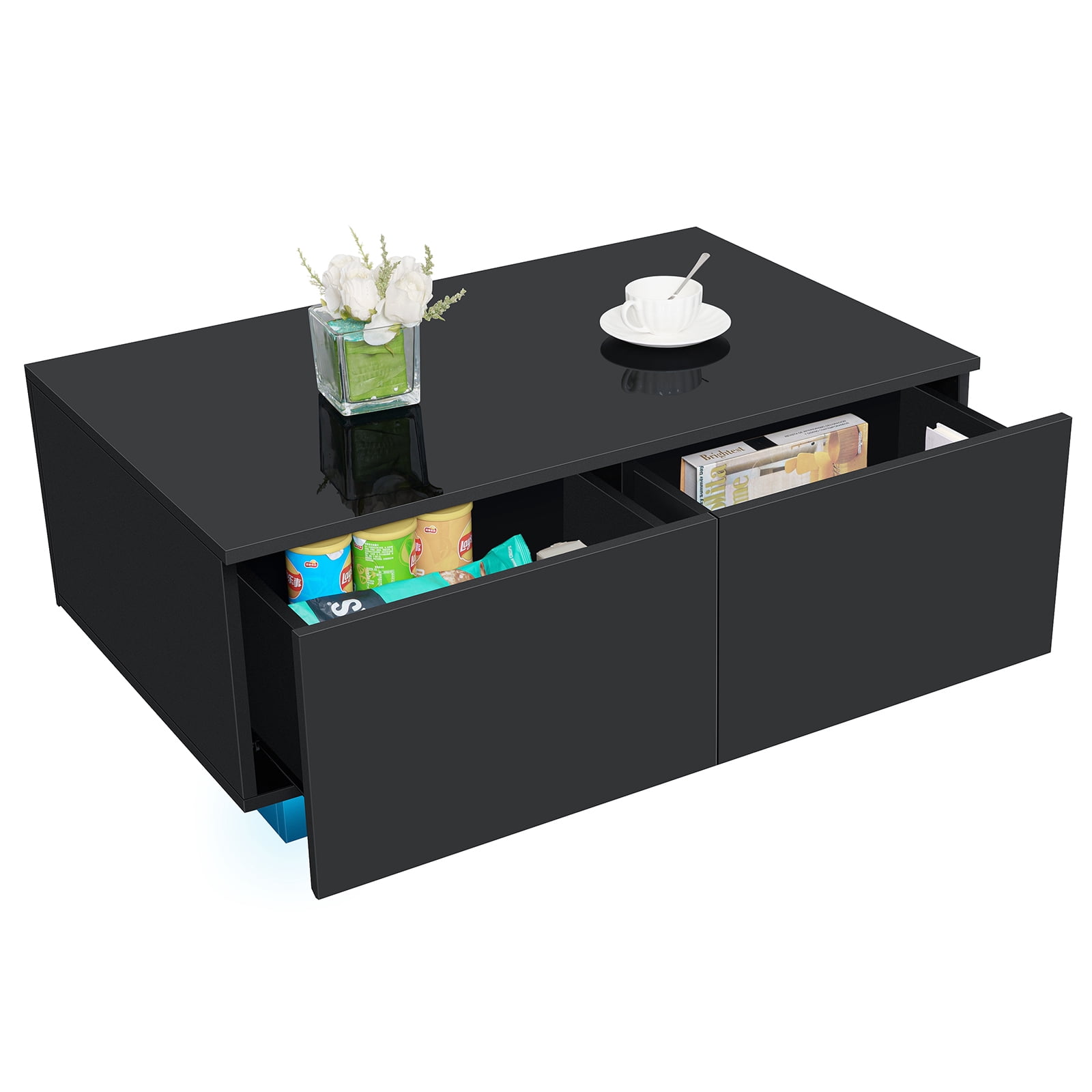 Hommpa Rectangular LED Coffee Table with 4 Drawers High Gloss Black Finish Modern Living Room Sofa Side Cocktail End Table 37.4 x 23.6 x 15.4 inches