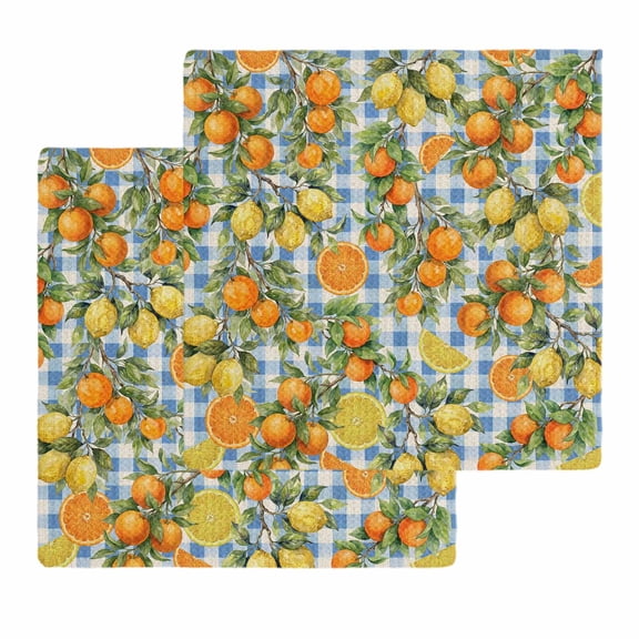 Orange Lemons Kitchen Dish Towels for Drying Dishes Set of 2, Summer Botanical Checkered Farmhouse Waffle Weave Microfiber Hand Tea Bathroom Towels Quick Dry & Absorbent Towel 12x12