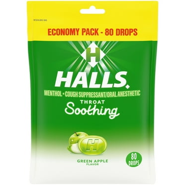 HALLS Throat Soothing Green Apple Cough Drops, Economy Pack, 80 Drops