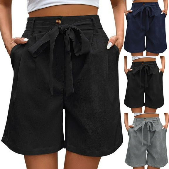 LOVZFMLL Women's Casual Shorts, Women's Summer Relaxed Fit Straight Leg High Waist Pants Shorts with Pockets Tie Waist Shorts Black S