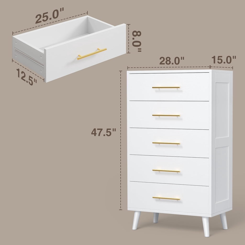 Aiho 5 Drawer Dresser, Tall Chest of Drawers Nightstand Storage Tower Storage Wooden Dresser for Living Room, Bedroom, Hallway - White