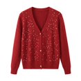 thumbnail image 4 of Women Sparkle Rhinestone V Neck Cardigan Sweater Button Front Soft Stretch Fabric (Red L), 4 of 5
