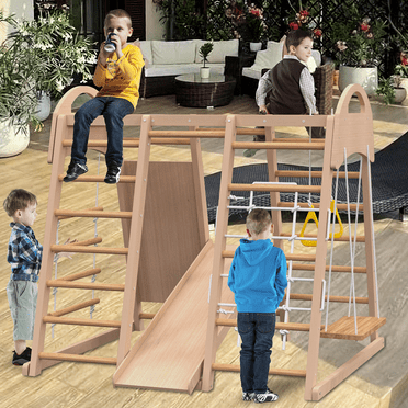 Indoor Playground 7 in 1 Jungle Gym Playset for Kids 2-6yrs - Slide, Climbing Wall, Rope Wall Climber, Monkey Bars, Swing - Waldorf and Montessori Style Wooden Climb Set