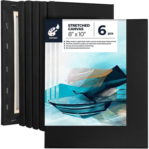 Artkey Black Stretched Canvases, 8"x10"-6 Pack, 100% Cotton Black Canvas, Gift for Adult & Kids 3-15 Years Old