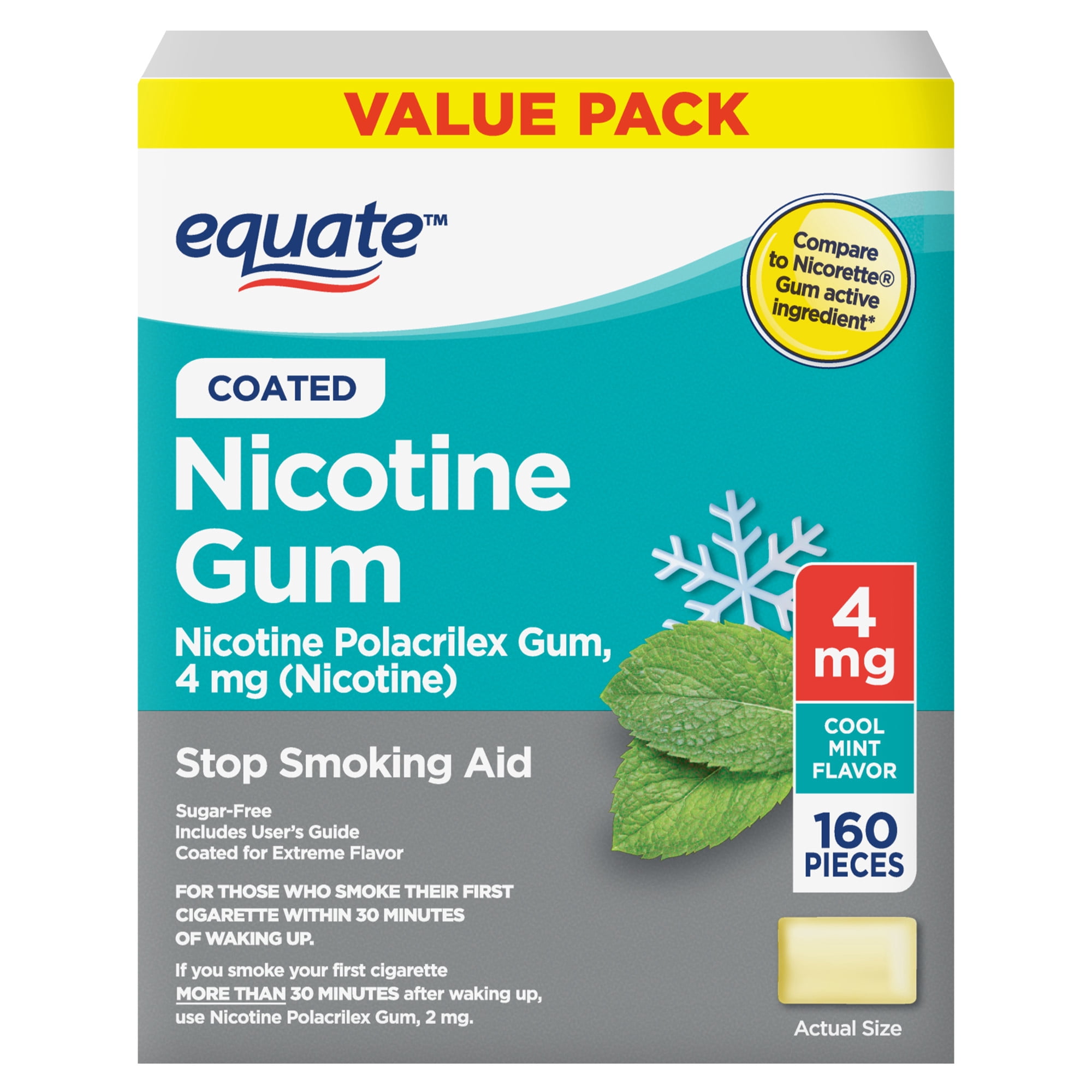 (2 pack) Equate Nicotine Gum 4 mg, Stop Smoking Aid, Mint Flavor, Coated, 160 Count