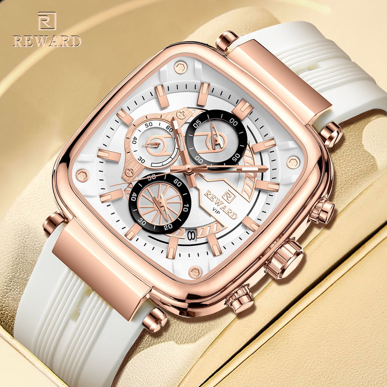 Square Watches for Men Brown Silicone Chronograph Fashion Sports Watch Luminous Waterproof Casual Wrist Watches Blue Red White