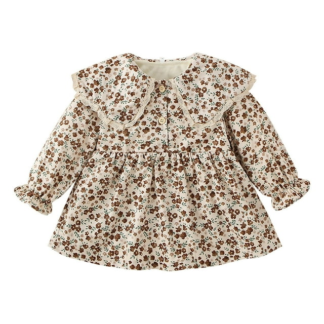 LUOGENLI Robe Fille Tout-Petit Manches Longues Imprimés Floraux Volants en Dentelle Robe de Fête Dansante Vêtements Robe pour Filles Tendance Beige 12-18 Mois