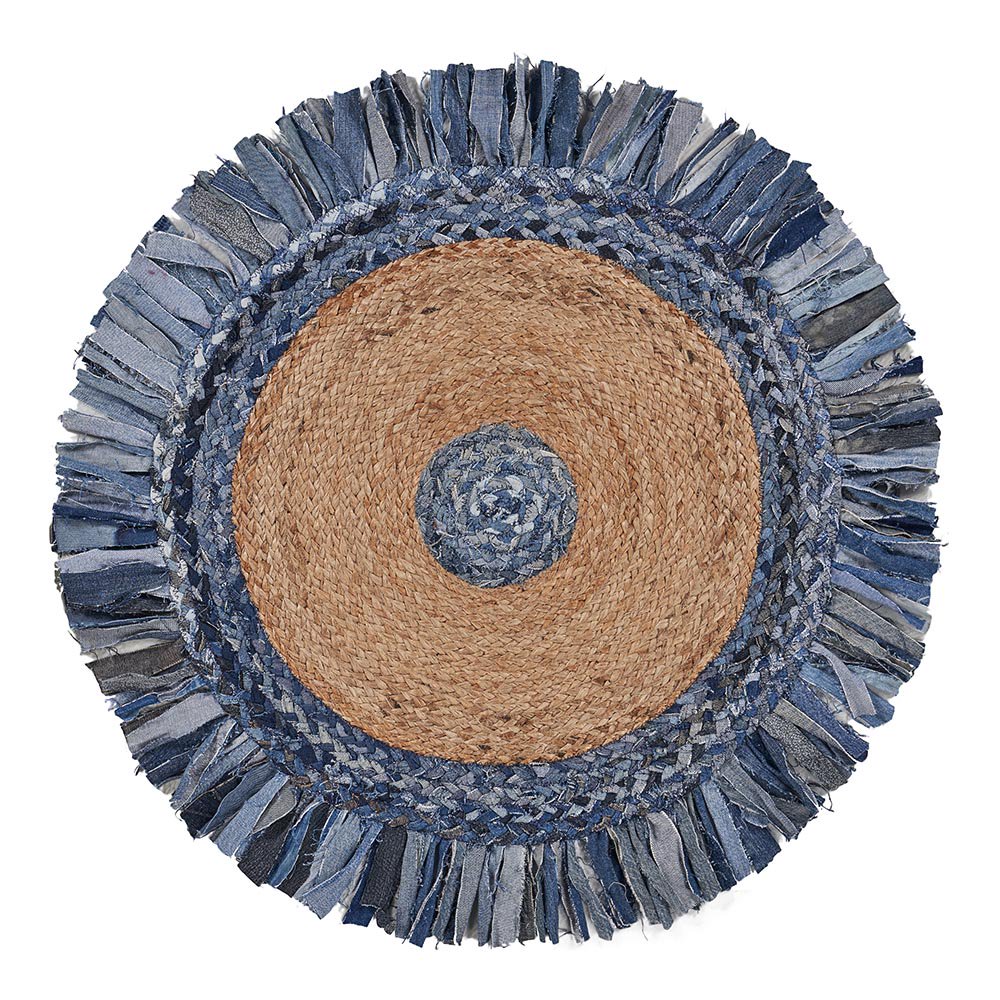 LR Home Natural Jute Braided Fringed Area Rug, Blue, 5 ft. 6 in. Round