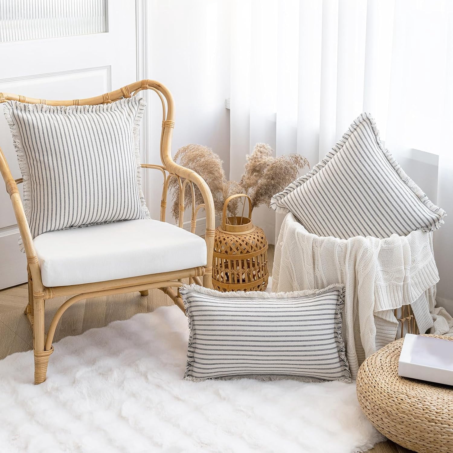 Lanola Throw Pillow Covers 22x22 Set of 2 Striped Fringe Pillow Cover Farmhouse Cushion Covers with Tassel Neutral Boho Pillows Decorative Square Pillowcase for Couch Sofa Bed, Red
