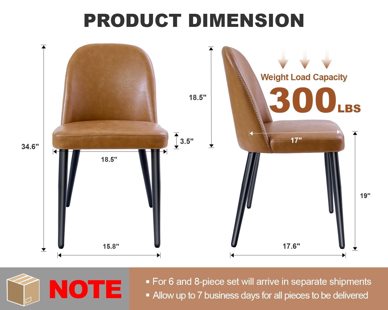 Brown Leather Dining Chairs Set of 2, Modern Upholstered Armless Kitchen Chairs with Metal Legs, Ergonomic Side Chairs for Dining Room, Restaurant, Living Room & Meeting Room