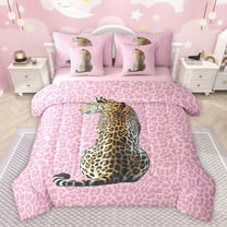 Castle Fairy Animal Cheetah Twin Bedding Sets 7-Piece for Boys Girls,Woodland Wildlife Cheetah Bedding Comforter Set Microfiber,Brown Pink Breathable Sheet Sets,Breathable Home Decor,Reversible