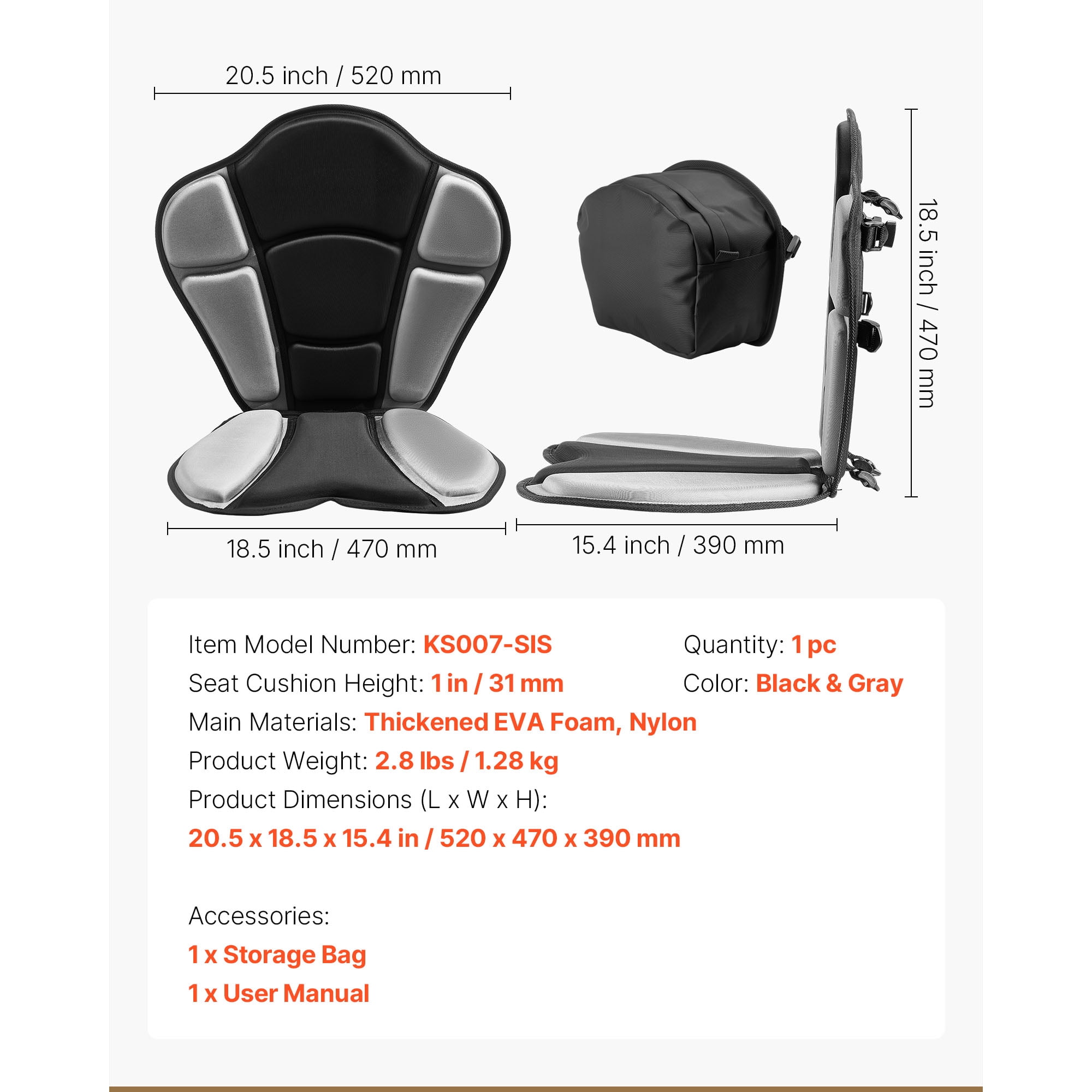 KFFKFF Universal Kayak Seat, 1 Pack 1" Thick, Comfortable Paddle Board Seat with Backrest, Soft Padded Cushion with Storage Bag & Adjustable Straps for SUP, Fishing Boat, Inflatable Kayak, Rowboat