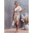 thumbnail image 2 of Osfvolr Women'S Satin Dress One Shoulder Flutter Short Sleeve Ruched Bodycon Wrap Cocktail Wedding Guest Dresses Gold S, 2 of 5
