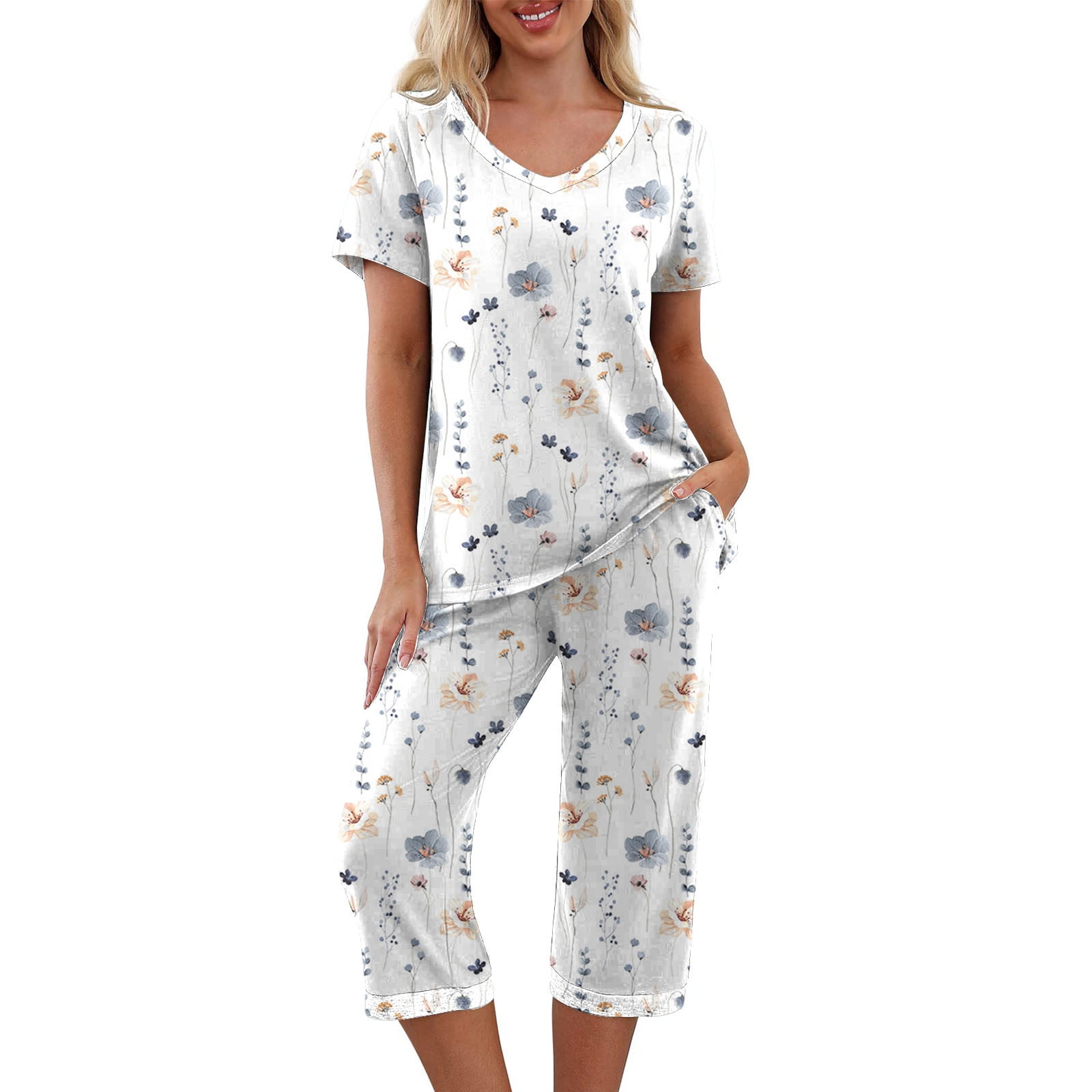 2 Piece Pajama Outfits for Women Summer Floral Print Tshirts with