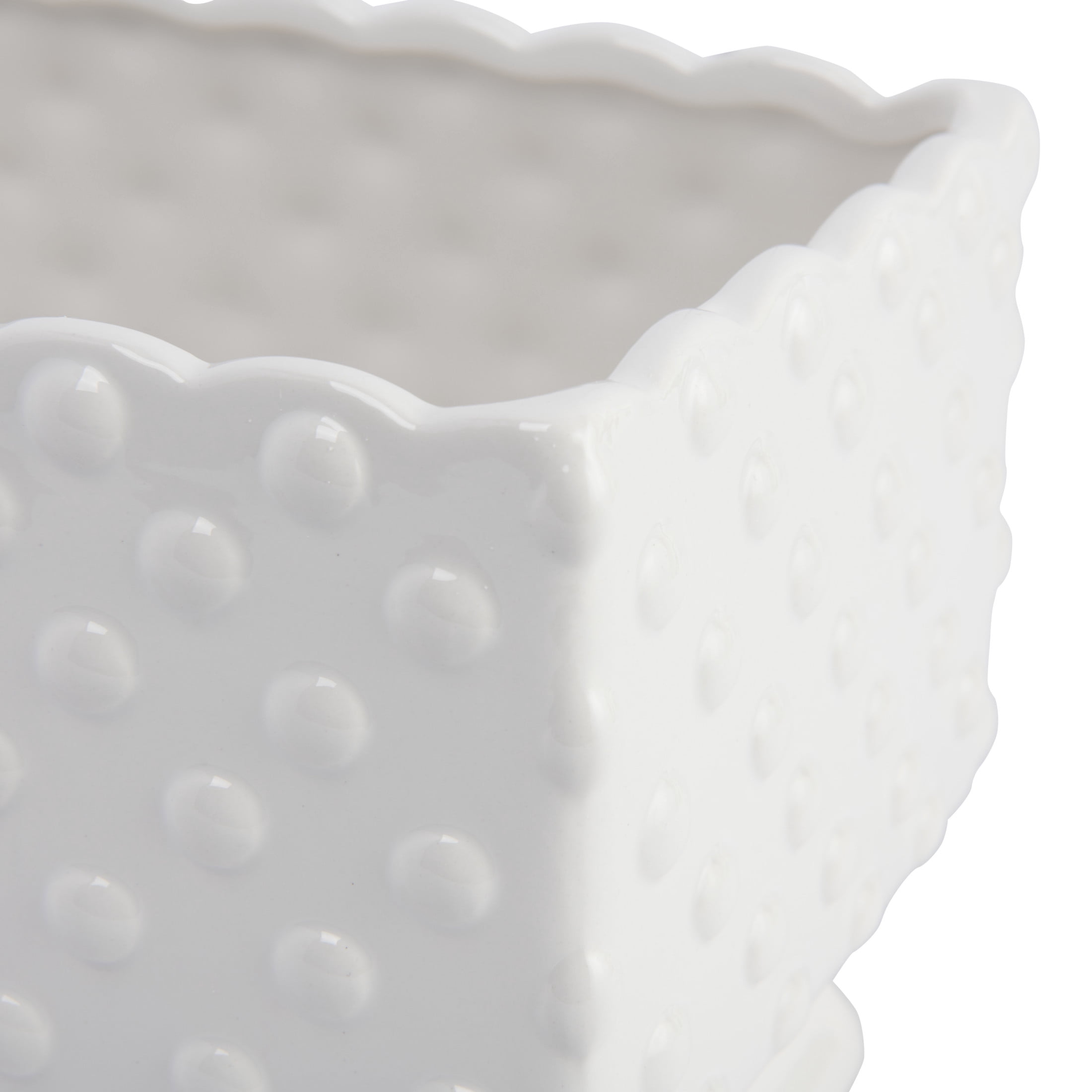Creative Co-Op Ceramic Hobnail Planter with Scalloped Edge and Polka Dots, White