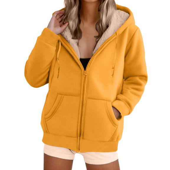 Dwralegc Fleece Lined Hoodie Women Casual Fleece Sherpa Hoodies Hooded Zip Up Coats Thermal Winter Hoodie with Pockets Yellow S