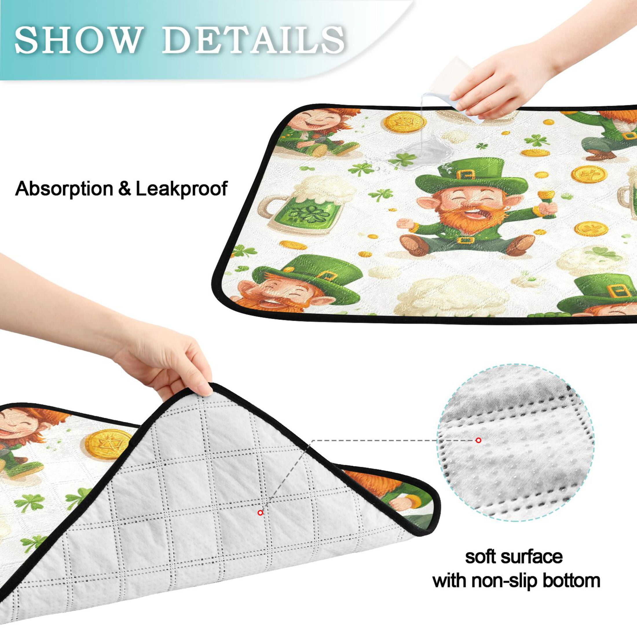 Qxltty St Patricks Pattern with Leprechauns and Green Beer Mugs Cat litter Pads Pet Set of 3 Diaper Mats Center Anti-leakage Layer Absorbent Soft and Comfortable