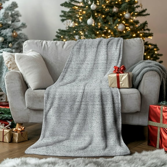 DecorX Throw Blanket Grey Flannel Fleece - Soft Fur Feel - Gray & White Contrast - 50x60 in
