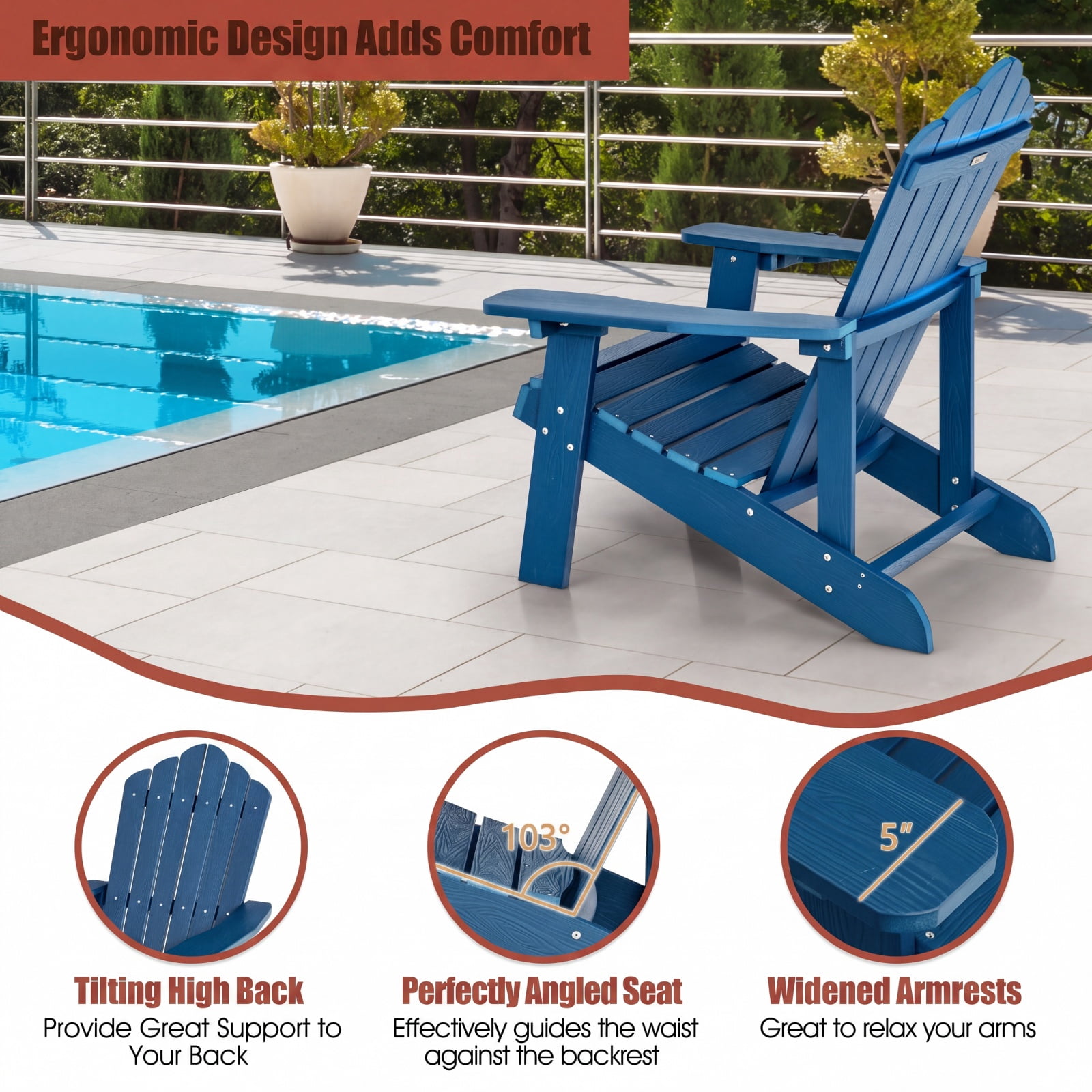 Furnibear Weather Resistant HIPS Outdoor Adirondack Chair with Hidden Cup Holder and High Backrest for Garden Patio and Poolside, Navy