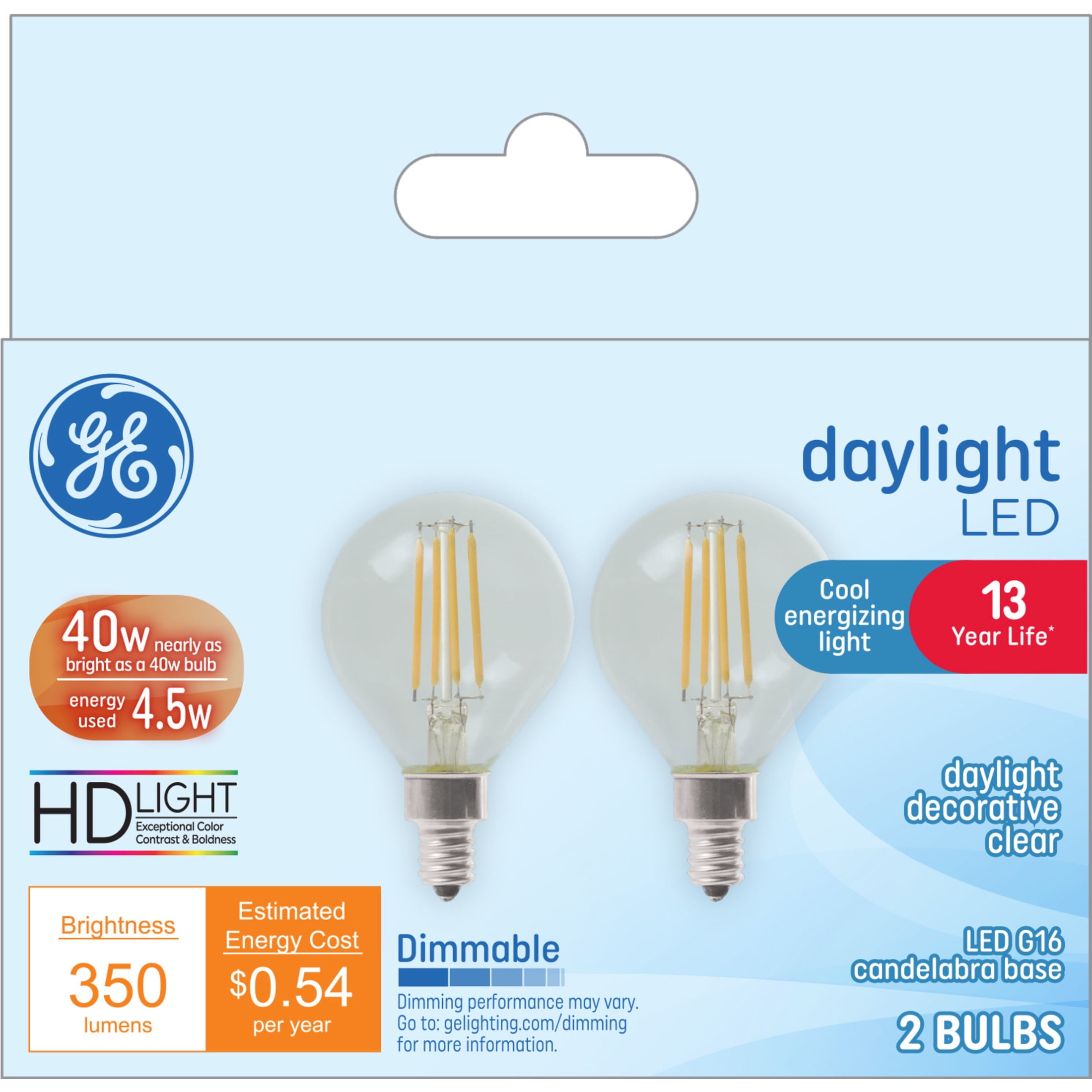 (2 pack) GE LED Light Bulbs, 40 Watts, Daylight, G16.5 Globe Bulbs, Small Base, Clear Finish, 13yr, 2pk