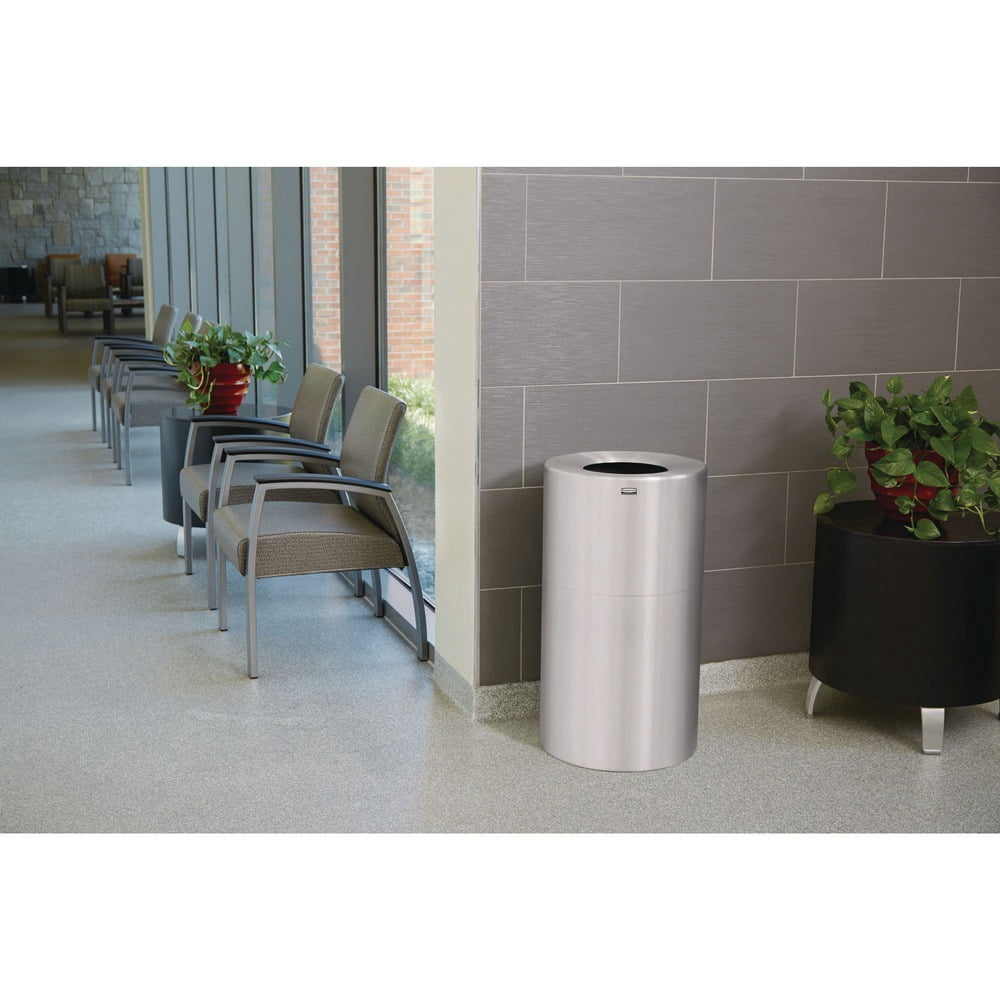 Rubbermaid Commercial AOT35SANL Two-Piece Open Top Indoor Receptacle- Round- Satin Aluminum- 35 gal