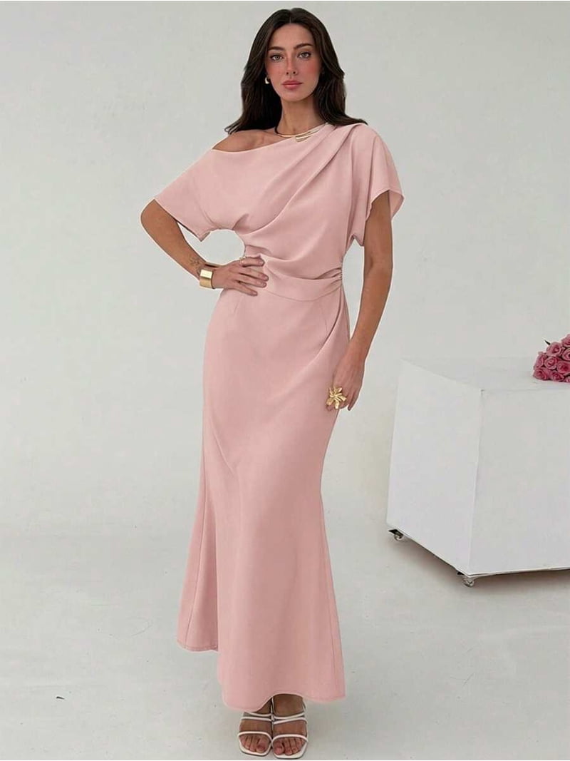 pink cinched waist dress /// Elegant Pink Asymmetrical One-Shoulder Cinched Waist Maxi Dress For Formal And Party Occasions, Women's, Size: XS